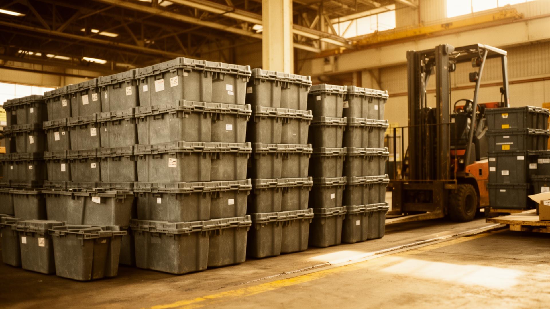 Heavy-duty moving totes stacked in warehouse